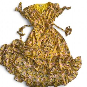 Miami Yellow Floral Ruffled Wrap Dress